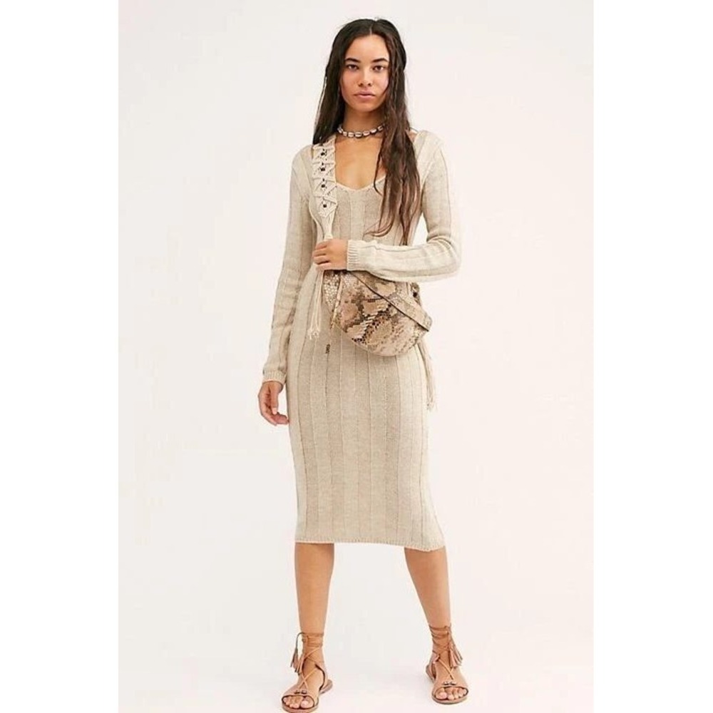 Free People Beach Savannah Sweater Midi Dress Tan Beige Twist Back Knit XS